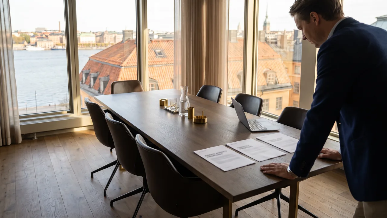 Företagare i kavaj lutar sig över tre offerter från webbyråer på ett konferensbord, med Gamla stans tak och vattnet i fönstret
