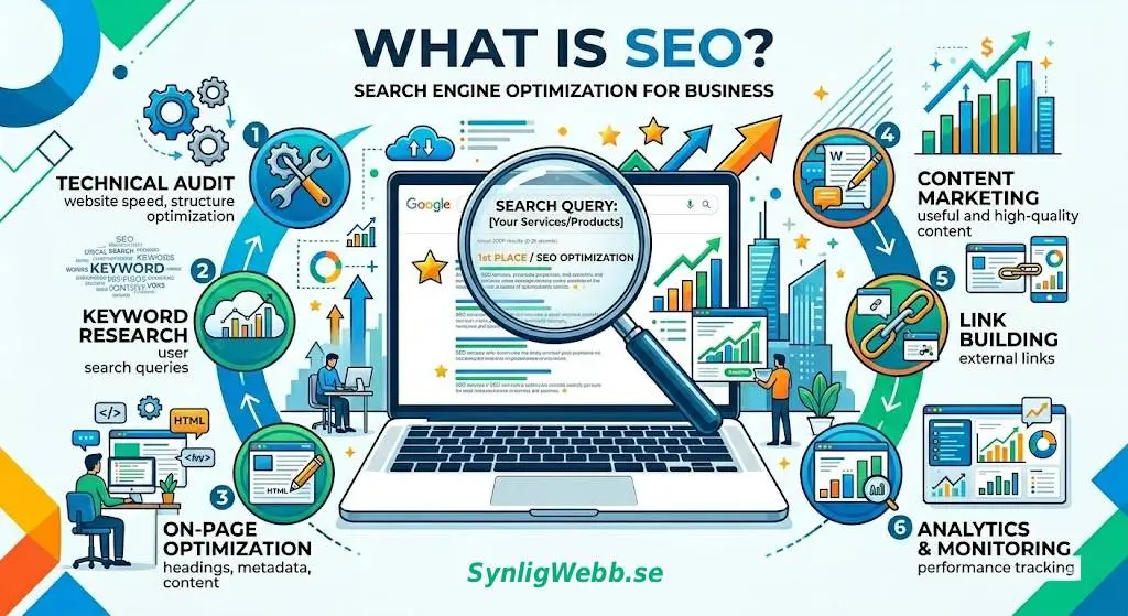 Illustration av sökmotoroptimering — Vad är SEO och hur Google rankar webbplatser