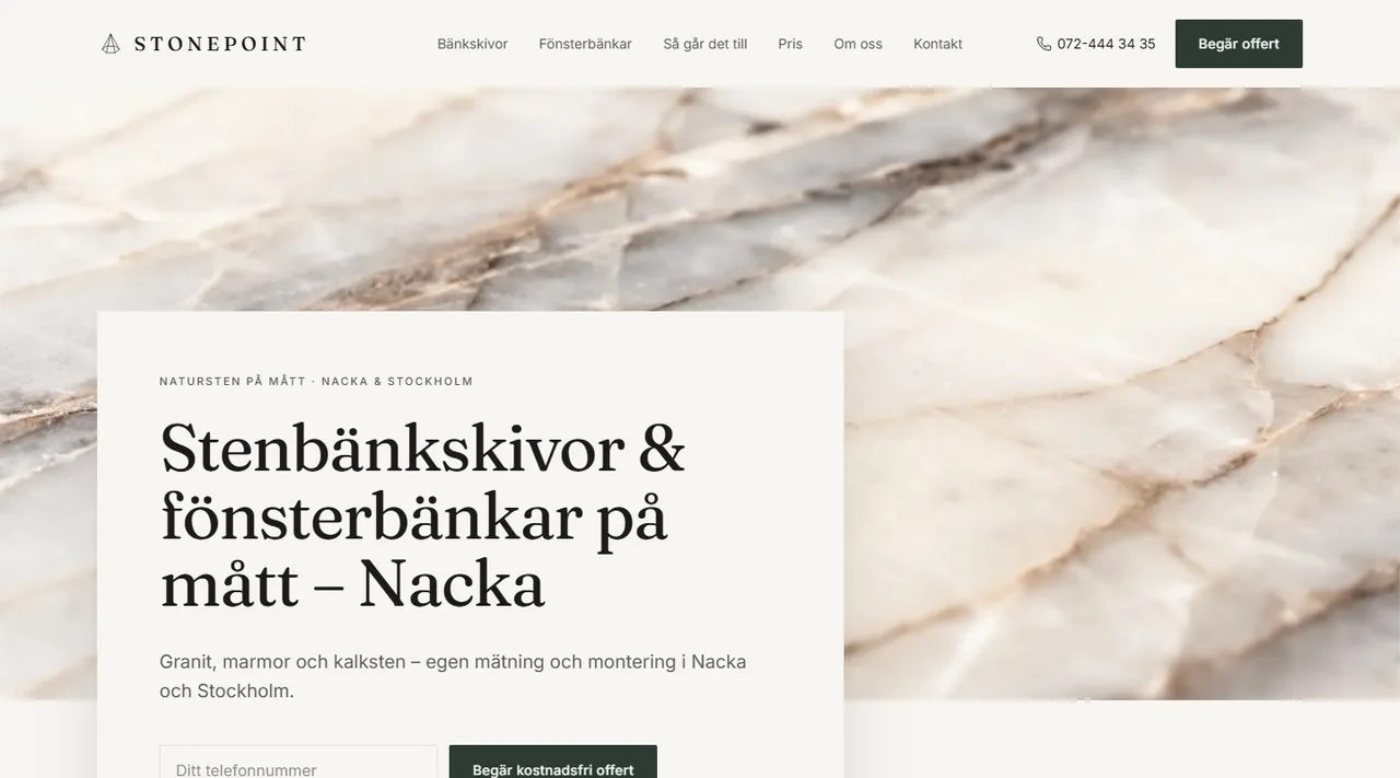 Startsidan på stonepoint.se efter relanseringen: rubrik med tjänst och ort, telefonfält och offertknapp direkt i första skärmen